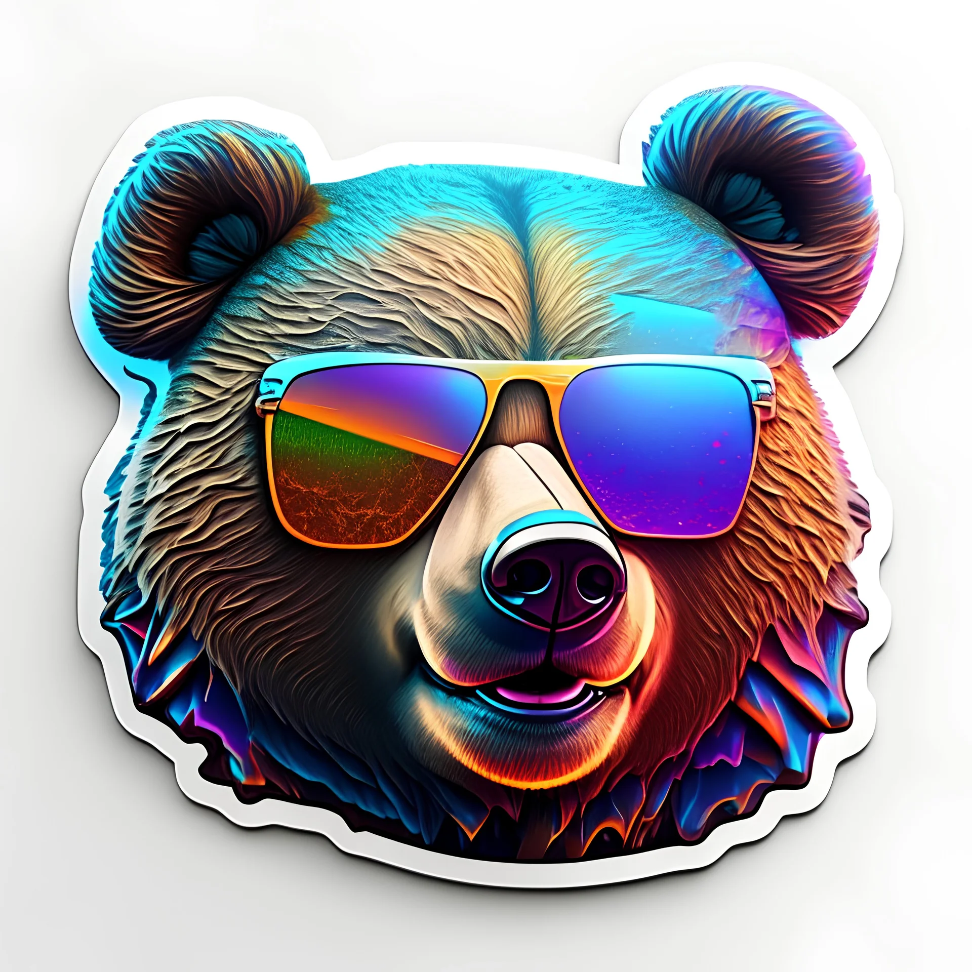 sticker on white background, 3d Head of a Bear with sunglasses, psychedelic, octane render, unreal engine 5, DMT art, funny, smiling