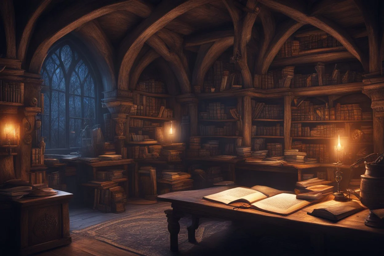 fantasy medieval study room at night