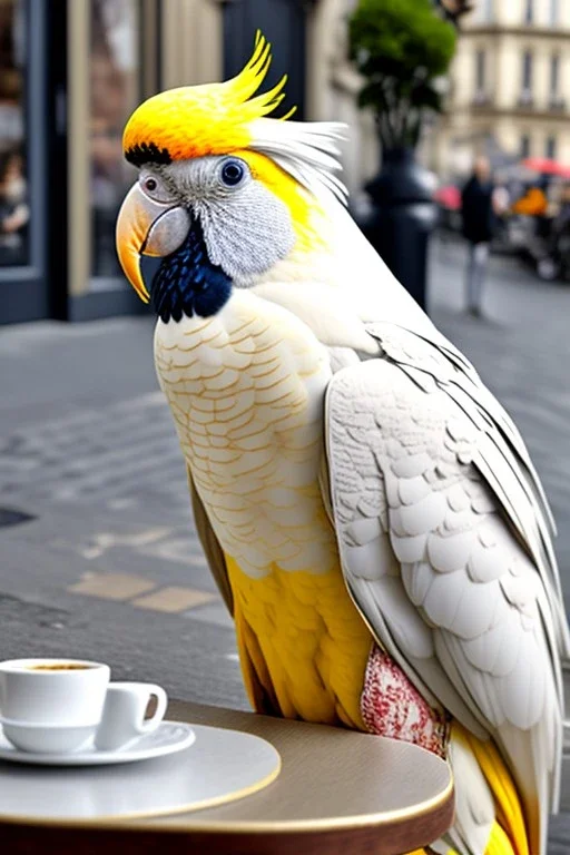 One single mature rich cockatoo with expensive clothes, sitting in a café on the street, Vienna, laughing, colour, model style, hyper realistic, extremely accurate, delicate, extremely detailed, Graphic novel style, wide-angle, open aperture, superfine pencil