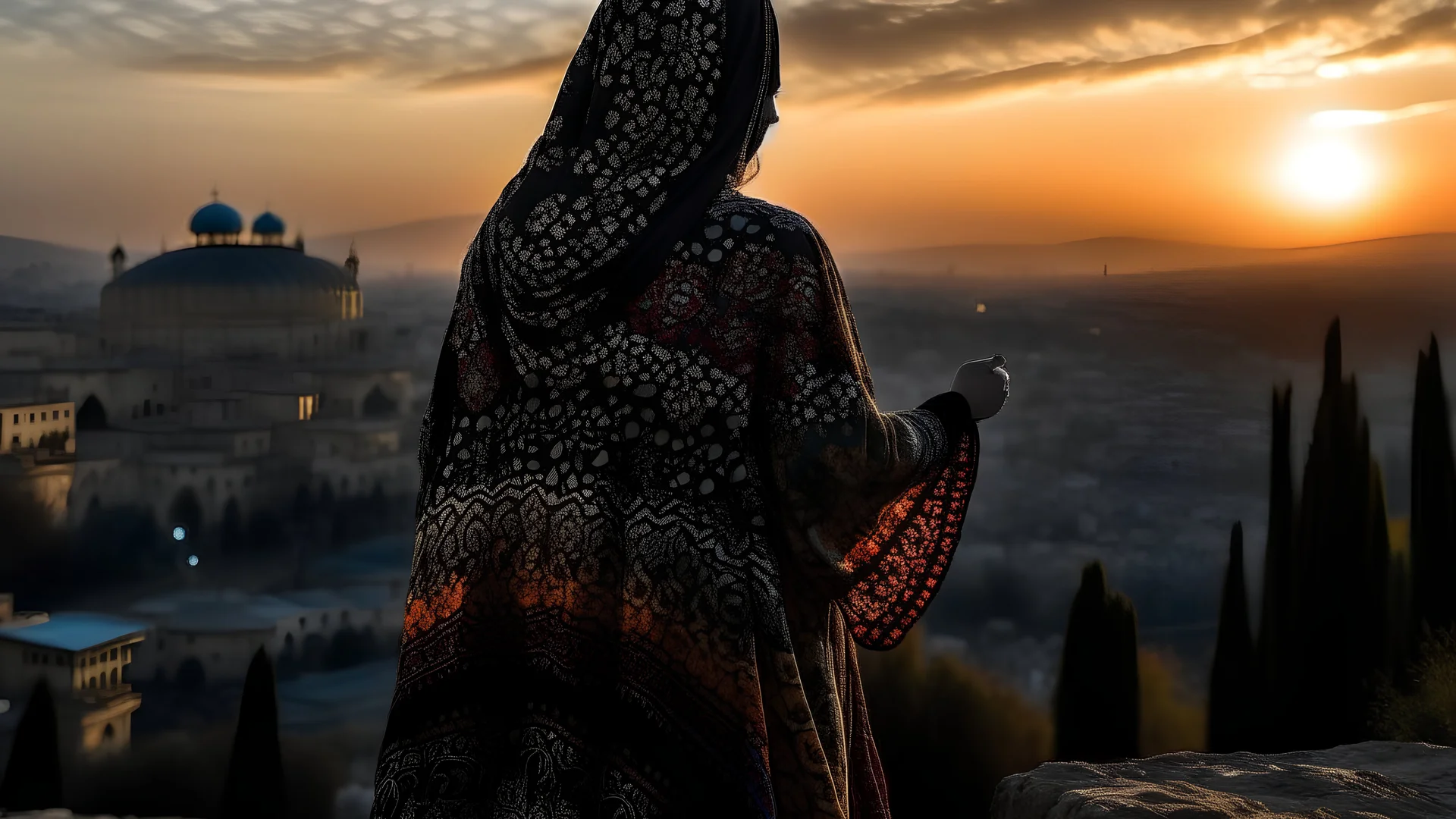 A Palestinian woman wearing an embroidered dress with the city of Jerusalem behind her during a winter sunset