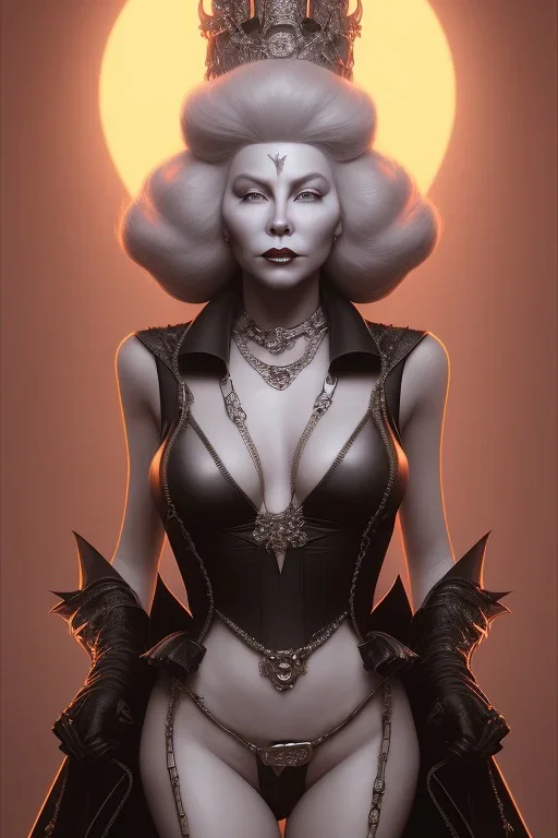 Mae West as evil queen in black leather, leather, busty, cleavage, angry, stern look. character design by cory loftis, fenghua zhong, ryohei hase, ismail inceoglu and ruan jia. unreal engine 5, artistic lighting, highly detailed, photorealistic, fantasy