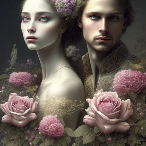 Romeo and Juliet. dramatic,romantic, muse of flowers, award winning, carne griffiths, portrait, intricate details, dynamic effects, white long hair, intricate eyes, detailed face, surreal hair, aristocratic clothes, professional ominous concept art, by artgerm and greg rutkowski, an intricate, elegant, highly detailed digital painting, concept art, smooth, sharp focus, illustration, in the style of simon stalenhag, wayne barlowe, and igor kieryluk.