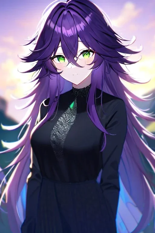 girl, masterpiece, best quality, cinematic lighting, detailed outfit, vibrant colors, perfect eyes, green eyes, long hair, purple hair, messy hair, hair between eyes, depth of field, ray tracing,