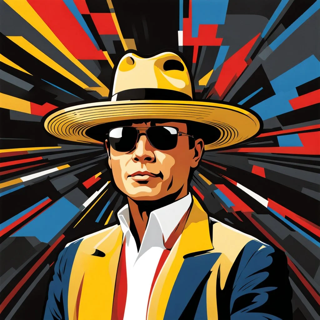 (Without glasses : 1.5) Gustavo Petro, comic style artwork, dark yellow, black, red and blue, with wide-brimmed hat, with white shirt, calm,