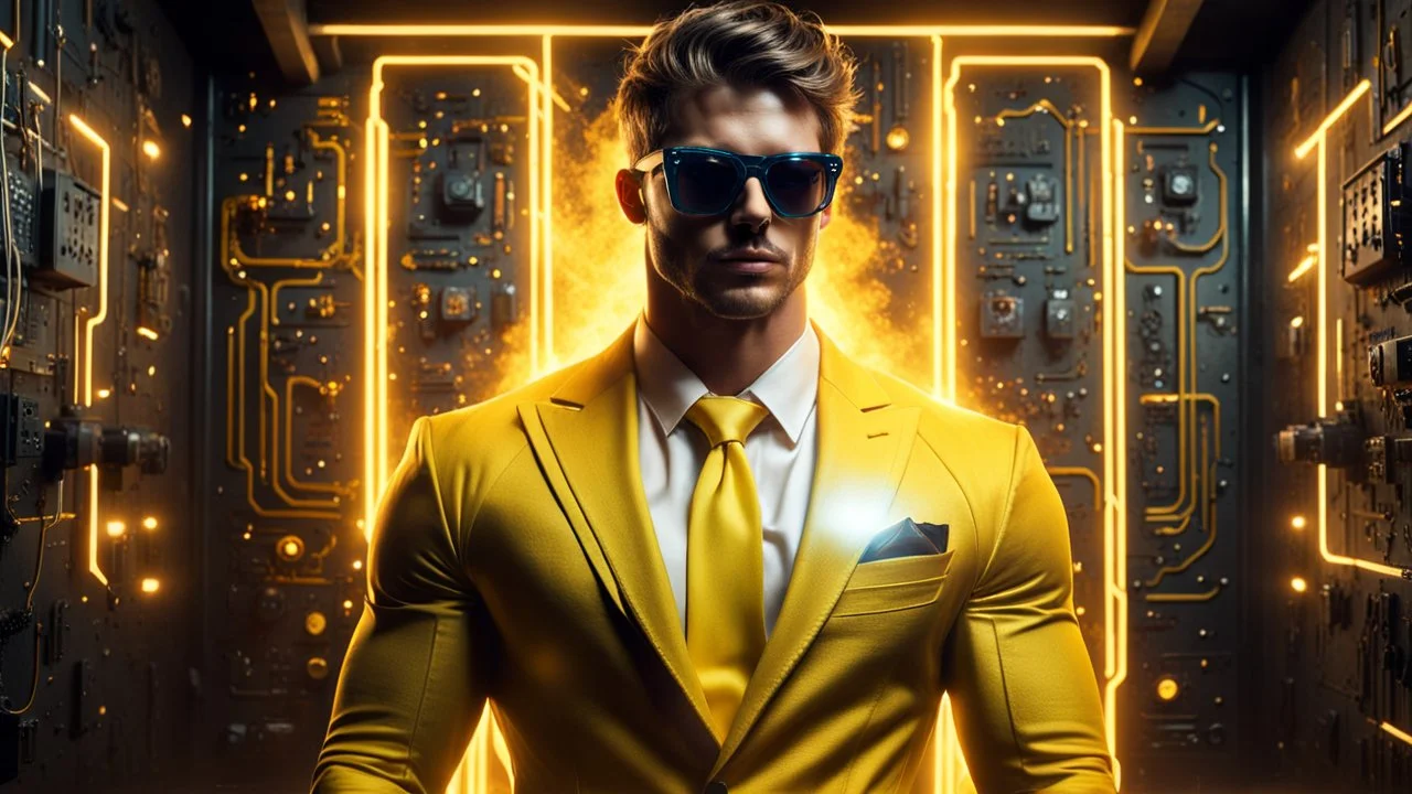 Hyper Realistic handsome muscular Electric-Superhero wearing long-fancy-yellow-tuxedo & fancy-sunglasses in a dark-rustic-circuit-room with electric-sparks-&-rays & a massive circuit-board-wall showing dramatic & cinematic ambiance.