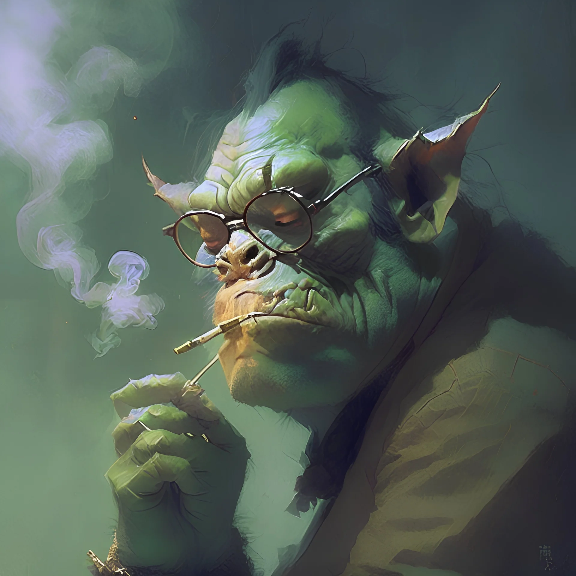 Digital art, Ogre smoking cigarette, wearing glasses, by Greg rutkowski