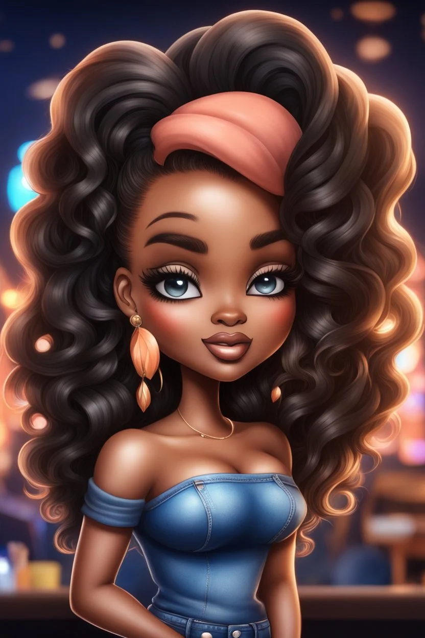 create an airbrush illustration of a chibi cartoon curvy black female wearing Tight blue jeans and a peach off the shoulder blouse. Prominent make up with long lashes and hazel eyes. She is wearing brown feather earrings. Highly detailed long black shiny wavy hair that's flowing to the side. Background of a night club.