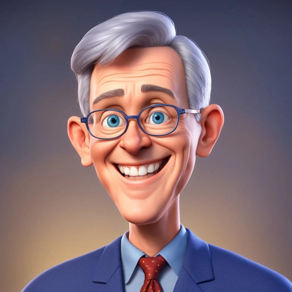 a portrait of smiling wise western man. caricature. gray short hair. light skin. blue eye pupils. elips eyeglasses, thin silver frame. oblong face shape. wear navy blue formal dress. pixar style. 3D. 4k. portrait. highly detailed. sharp focus. high resolution. full color. cinema lighting. with food background