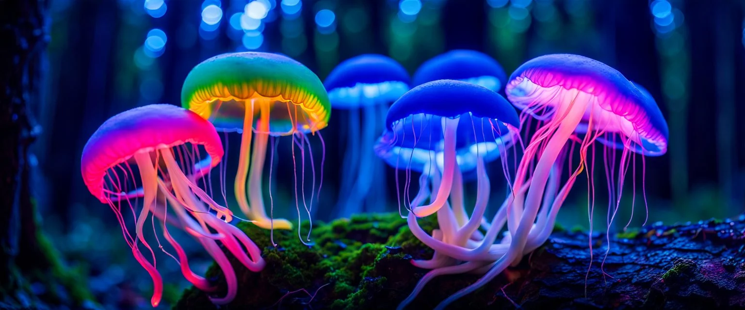 Giant bio luminous Rainbow floating JellyFish Fungus, fungal, light floating in a forest, mist, light trails, nighttime,Treeline, Alberta, scientist, Dystopian, Hyper detailed, Realistic, Extreme depth of field, bokeh blur, Alberta all-natural, National Geographic, in the style of candid, imperfection, natural lighting, cinematic, Fuji Film, Anamorphic lens, 2040s, --ar 4:5 --w 150 --style raw