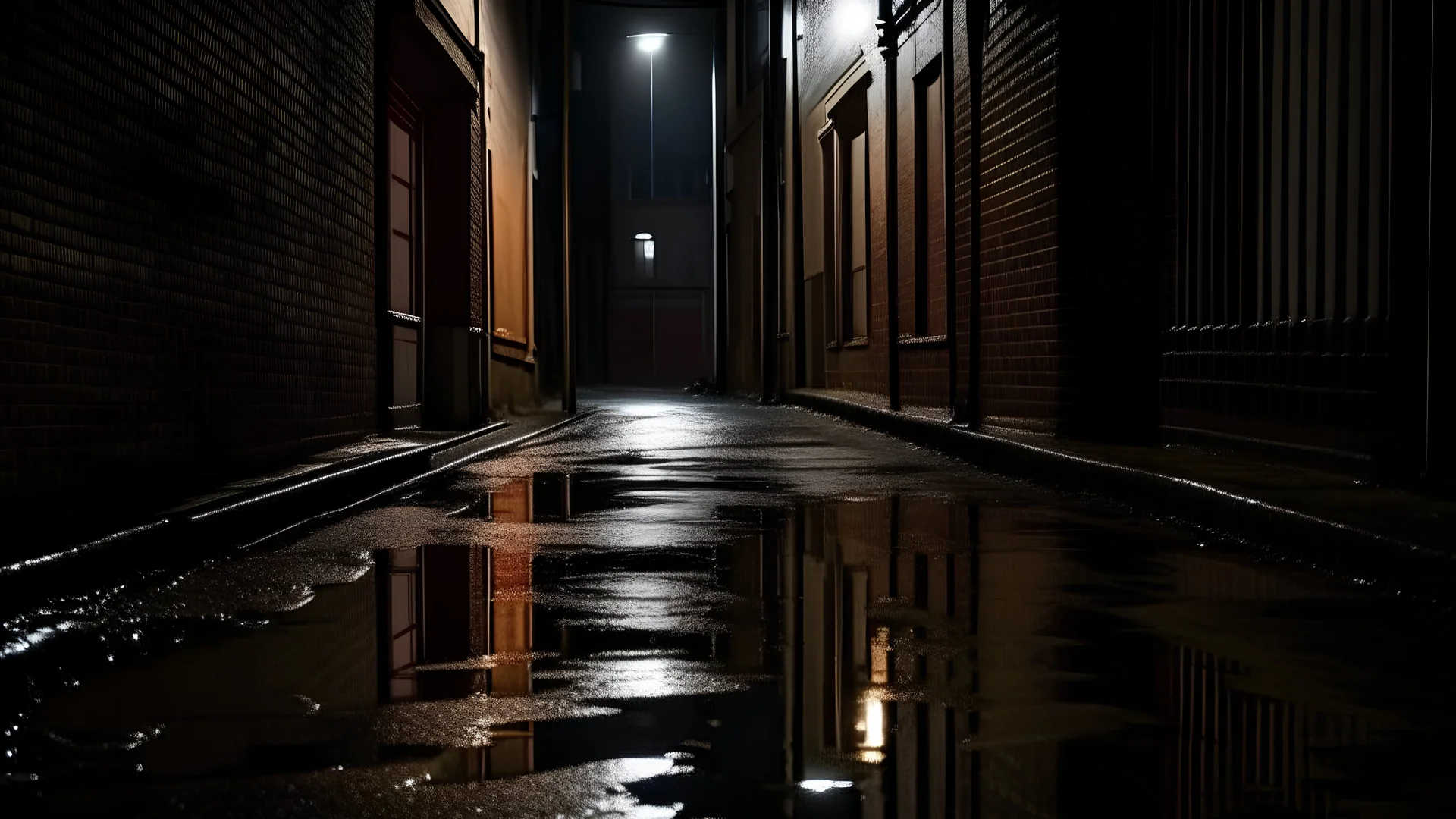 A dark alley, hidden shadows, a street light, puddle of rain,