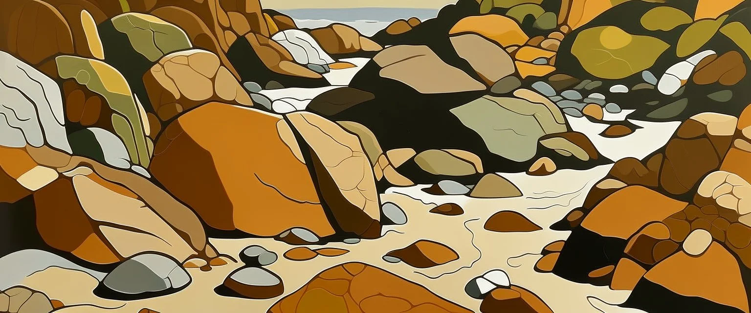 A brown shoreline with rocks painted by Stuart Davis