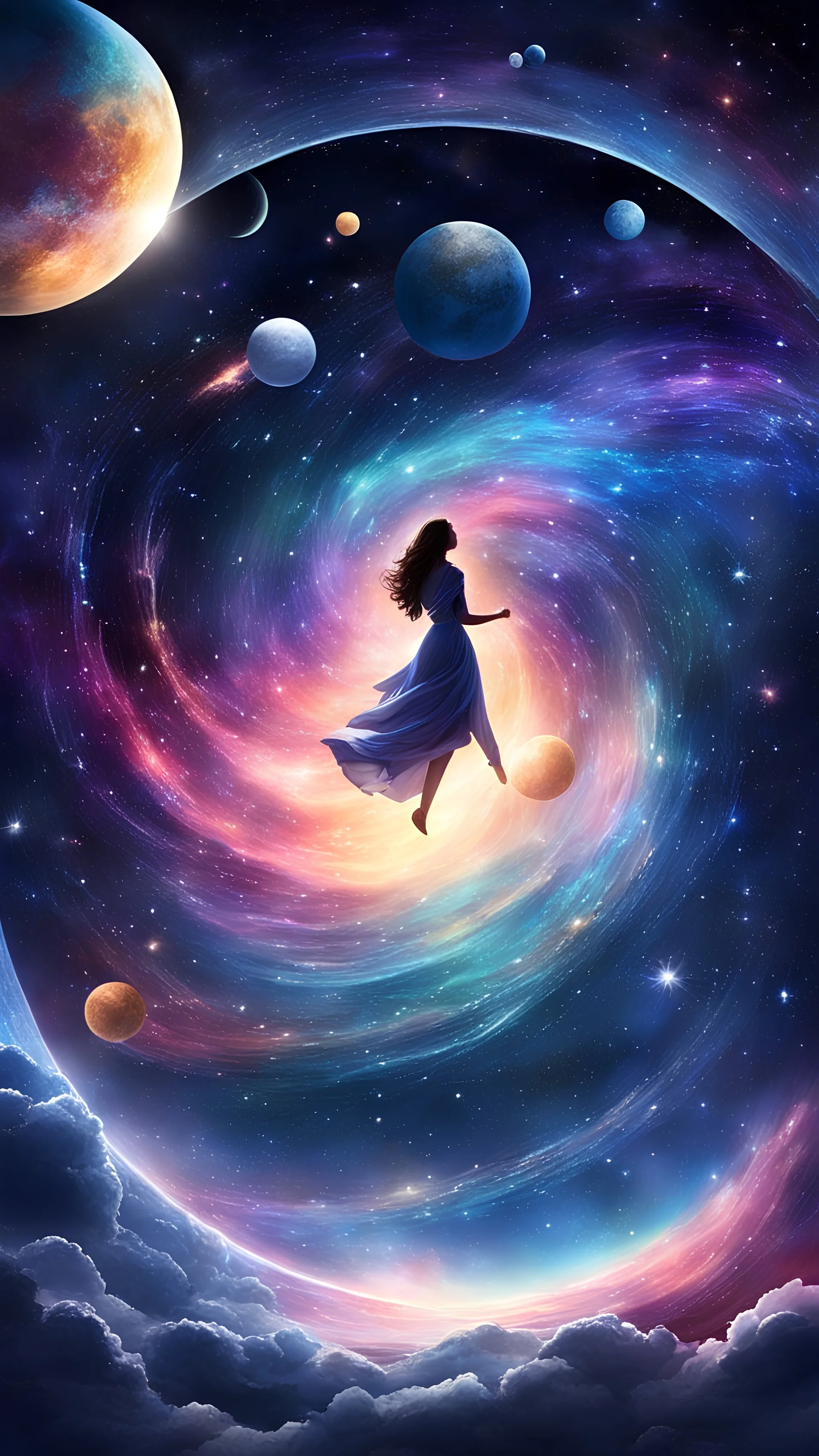 Create an ethereal scene where a couple floats in the vastness of space, surrounded by celestial bodies. Show their love as a cosmic force that binds them together across the universe