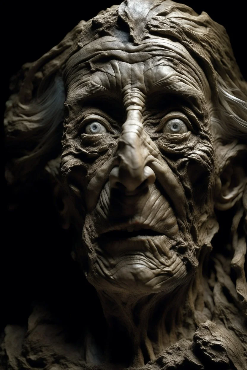 sculpture of dark side of an old woman face . Multiple faces . decayed and rotting with grotesque proportions and imagery. abstract grotesqueries, detailed texture, surreal horror, biomechanical design, by hr giger and beksinski