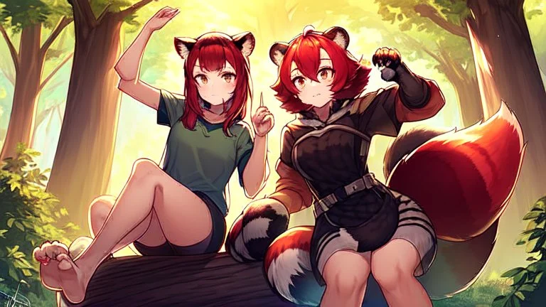 Two Girls, red hair, raccoon ears, raccoon tail, raccoon face, forest, sit on tree, raccoon paws on hand, paws on foot,