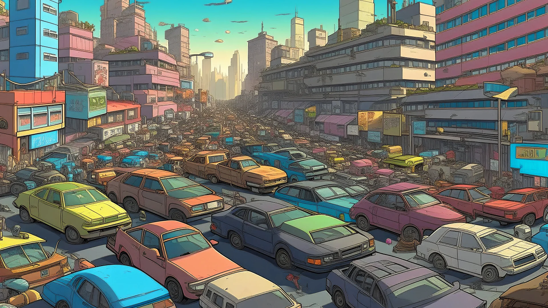 fantasy, A crowded parking lot filled with a variety of cars, trucks, and other vehicles of different makes, models, and colors. The scene depicts a busy urban environment with tall buildings visible in the background, adventure core, soft and dreamy depictions, epic eerie