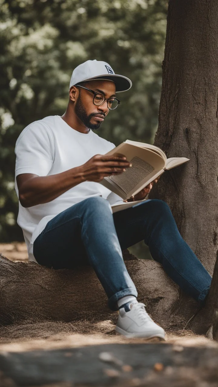 A man wears a white Dad Hat and wears glasses and is busy reading with a tree behind him, high resolution, and the image focuses on the Dad Hat