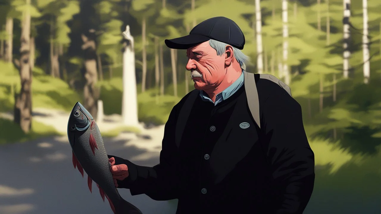 a man catching a fish and eat it raw, cartoon style Simon Stålenhag