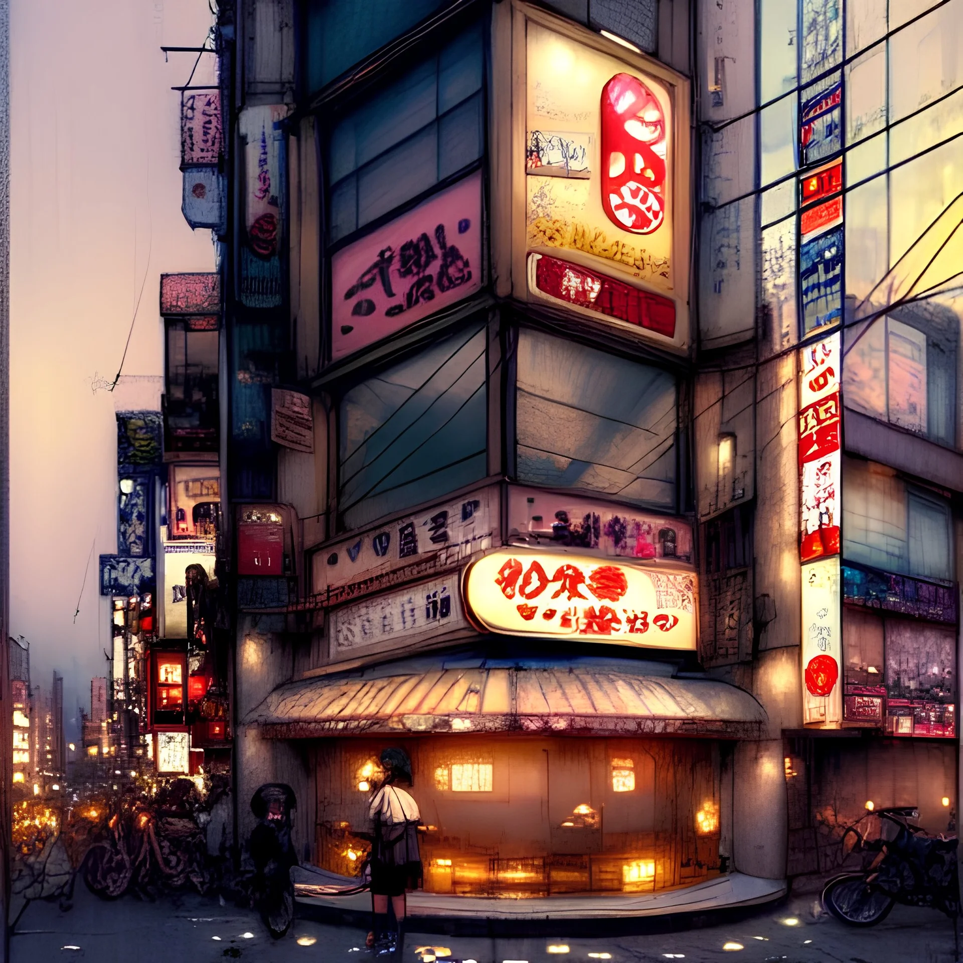  "Corner view,Kawaii Japan bar in kabukicho,Golden hour, book illustration by Jean Baptiste Monge,Jeremy Mann"Details corner building cross section, Jean Baptiste Monge, strong lines, high contrast vibrant colors, highly detailed, , exterior elevations illustration,