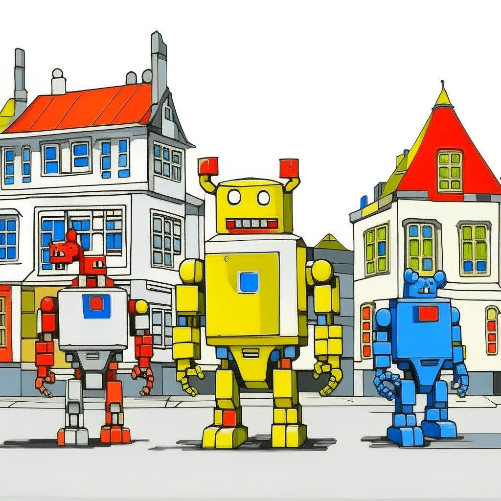 A small city with robots painted by Piet Mondrian