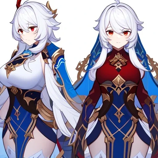 Clear focus,High resolution,High quality, white long fluffy hair, Red eyes, genshin warrior clothing style, curvy, Concept Art