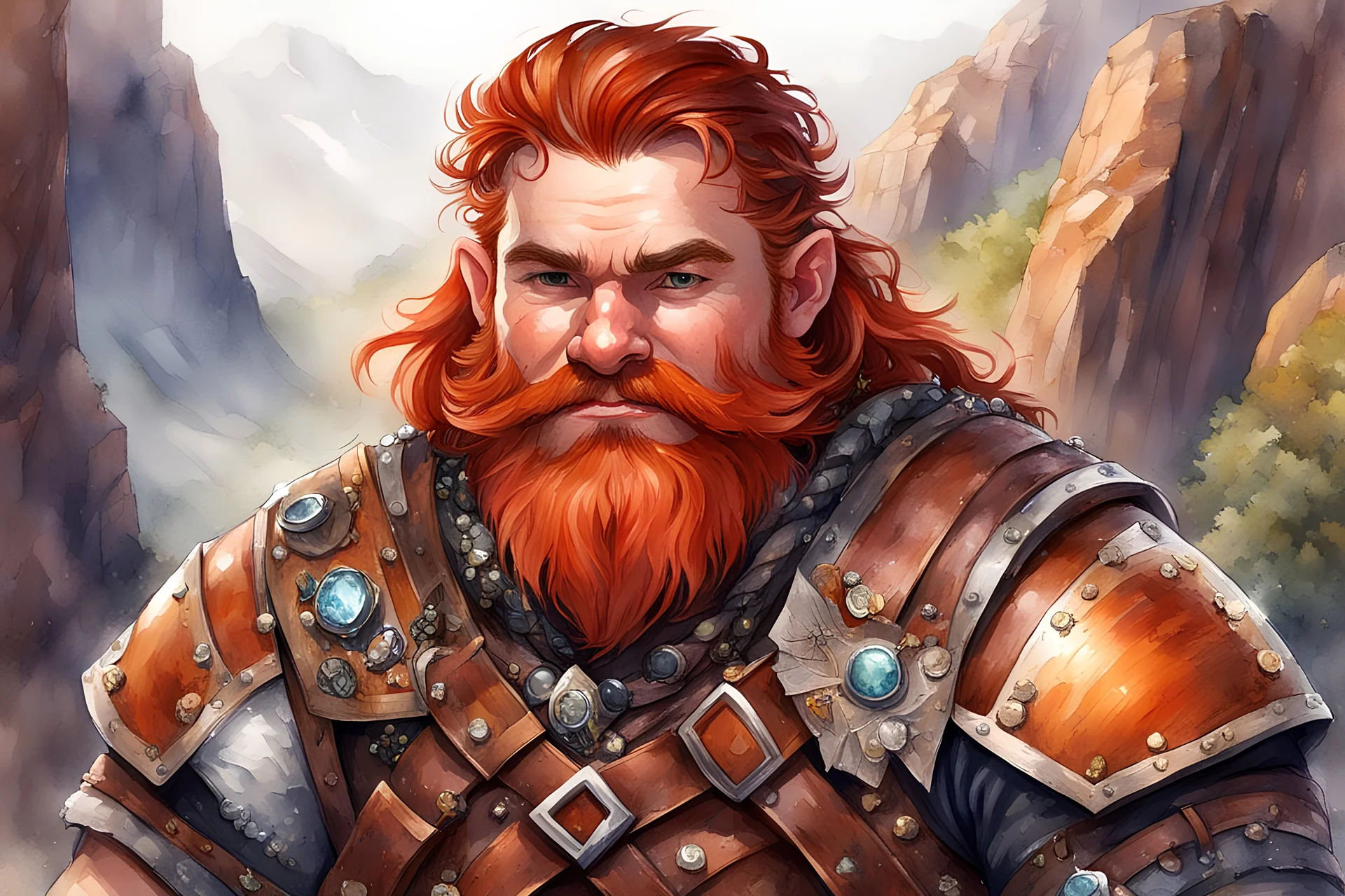 Create a watercolor fantasy portrait of a young dwarf prospector with a broad build, muscular frame. Braided red beard adorned with small trinkets and gems. He wears practical leather armor, reinforced with metal plates, and carries a warhammer slung over his shoulder. Slight smile. Background: rocky canyon.