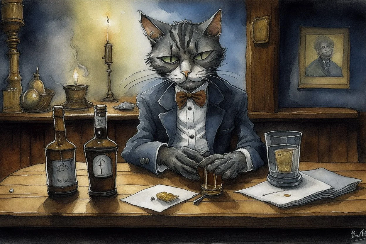 childrens book illustration, macskássy izolda, a frightened looking black and white cat with a cigarette in his mouth, a glass of whiskey in his hand, looking just at us in a smoky pub, van eyck, painted on rough canvas with exaggerated lines, sharp brushstrokes, dripping, plastic paint watercolor and ink, oil on canvas jean baptiste monge