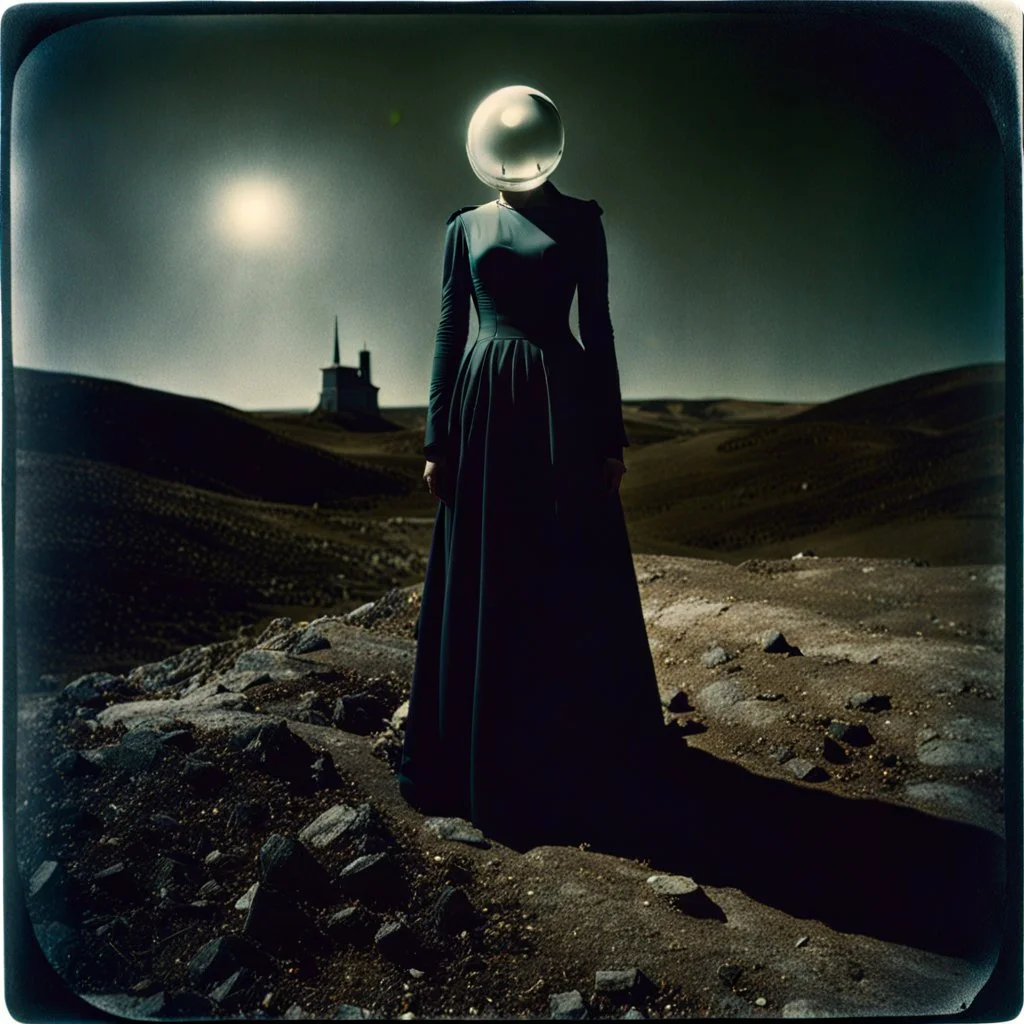 Photorealistic polaroid nothingness and distress, void, wasteland night Max Ernst, obsessive, hypnotic, Hieronymus Bosch, er, volumetric light, shot on Hasselblad, movie shot, absurd, details of the dress accentuated, odd nightmare, hypermaximalist