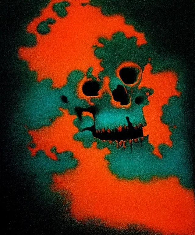 broken skull. black background. smoke and explode. particles in air. teal and orange. abstract. beksinski.