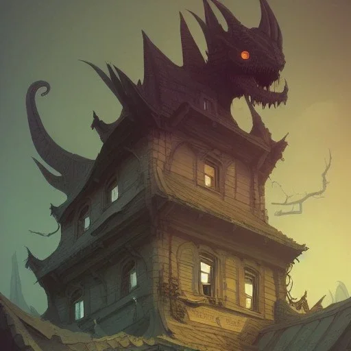 A old building that look like a dragon+dragon teeth Book illustration by Gediminas Pranckevičius, Jean Baptiste Monge, Brian Kesinger, Anton fadeev, strong lines, high contrast vibrant colors, 16k resolution, trending on behance""