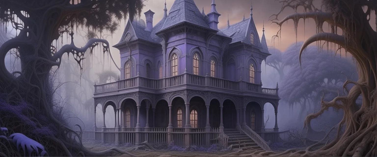 A light purple haunted mansion filled with spirits designed in Mexican folk art painted by Caspar David Friedrich