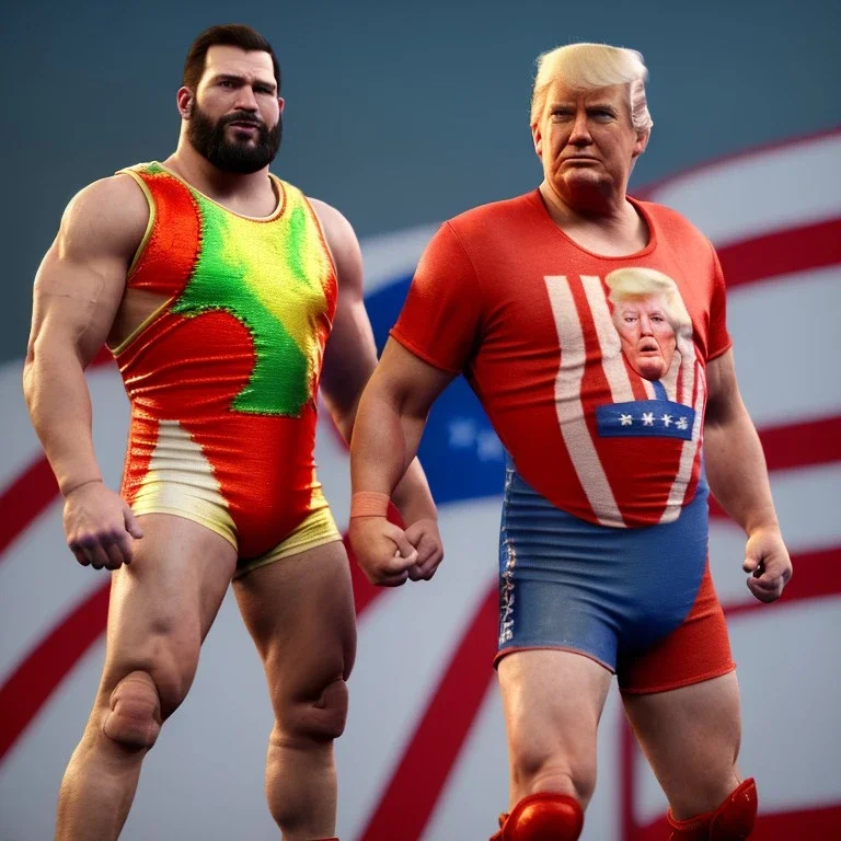 Realistic image of Donald trump wrestler, jump, Mexican wrestling style, eye line, red and blue breeches, glow us flag dress, suspenders, retro style, 80s, vibrant color, highly detailed, clean background, concept art, unreal engine 5, god rays, ray tracing, RTX, lumen lighting, ultra detail, volumetric lighting, 3d, finely drawn, high definition, high resolution.