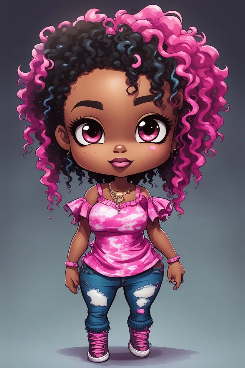 create a colorful abstract comic book art image 8k of a chibi curvy black female wearing torn jeans pants with fringe on the side and a pink-tie dye off the shoulder blouse. Prominent make up with hazel eyes. Highly detailed lonG CURLY PONYTAIL