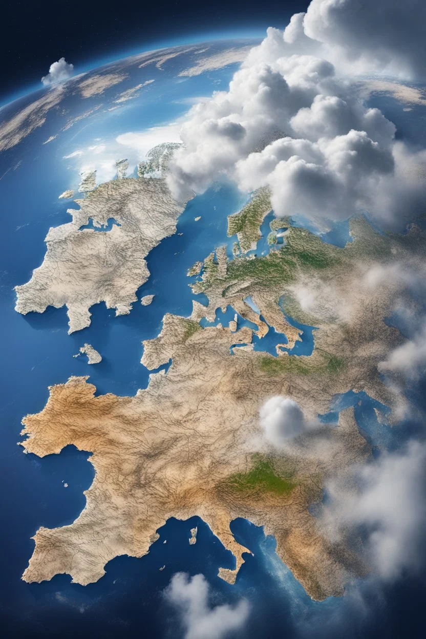 European countries are viewed from space, roads, cities, signs are visible. Highlight the names of the countries on the map. The clouds are naturalistic