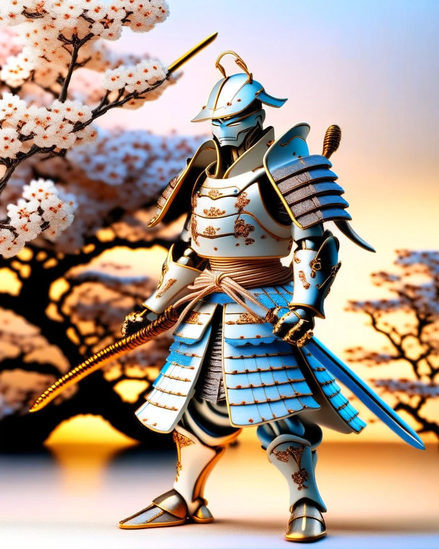 Fascinating portrait of male samurai in exquisite ukiyo-e porcelain armor, adorned with delicate floral motifs, harmonious combination of soft whites and earthy tones, powerful pose, with samurai helmet, imposing presence accentuated by the grip of a magnificent white porcelain katana . Ukiyo-e inspired landscape, golden sunset and Sakura trees create a captivating cinematic atmosphere. Full body