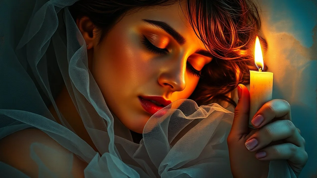 Double Exposure, Portrait of a beautiful SLEEPING woman in tulle, Detailed fabric painting, Candlelight, Insanely detailed painting by Pino Daeni, Jeremy Mann, Carne_Griffiths, Vadim Kashin, James Gurney, Double Exposure, 16k Resolution, Fine Art, Natural Light, Beautiful