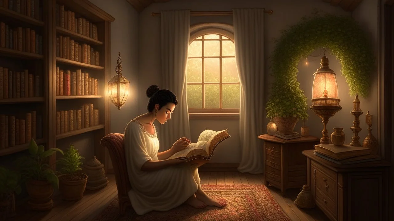 "The image depicts a tranquil and focused scene, featuring an individual engrossed in reading a book within a serene and comfortable environment. This visual captures the essence of personal growth and self-improvement, as the person is absorbed in absorbing inspiring content that contributes to their self-development and knowledge enrichment. The lighting and intricate details create a positive and motivational ambiance, ideal for learning and personal advancement."