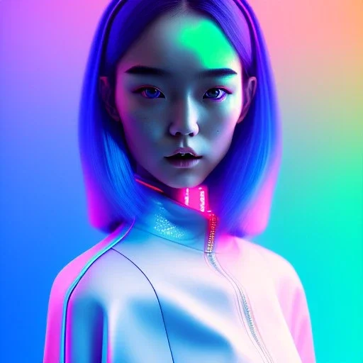 asian woman teenager, few freckles, padded coat, retro futuristic, latex dress, gradient color, BLUE, PINK, CYAN, neon, insanely detailed, 16k resolution, perfect eyes, cinematic smooth, intricate detail