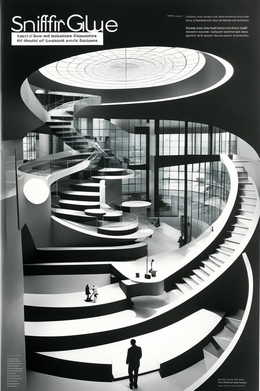 SNIFFIN’ GLUE magazine high res photo cover by Le Corbusier: special issue #111 (June 2004) on the designers of Detailed Model of diagrams and instructions for this is the museum of the future: the main room is a black ring made of circular windows and the stairs are endless spiral. With detailed isometric digital illustration.