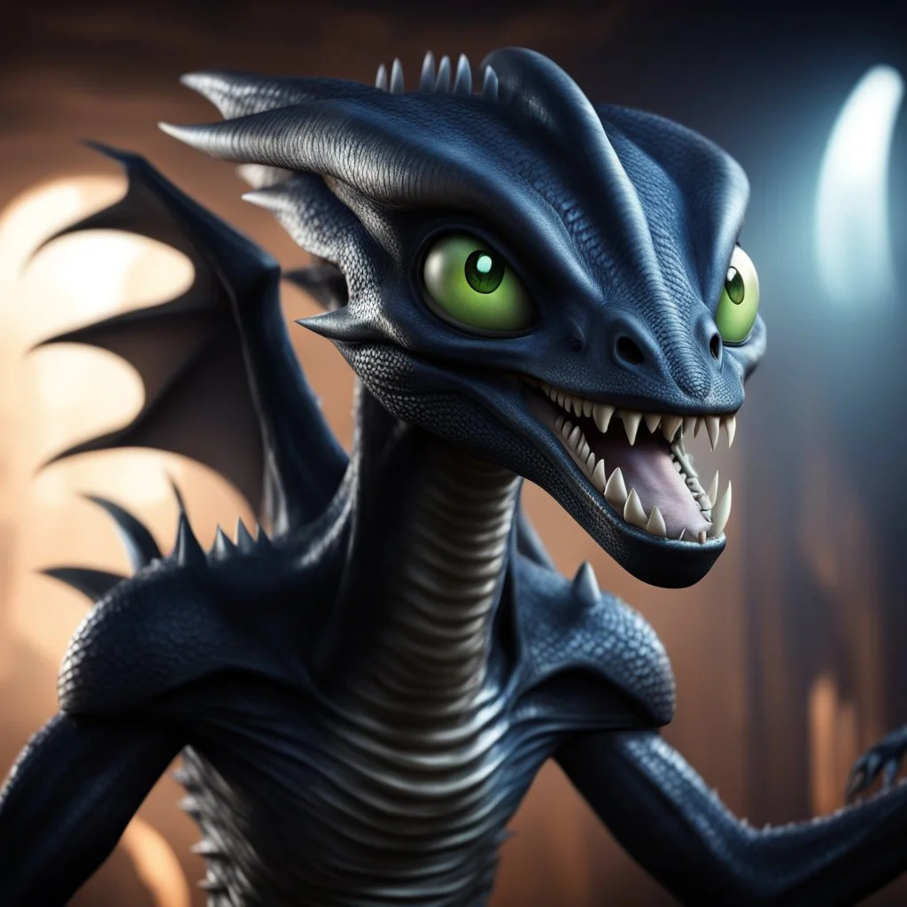the alien xenomorph as a disney dragon like in "how to train your dragon" with big white eyes and a goofy look on its face