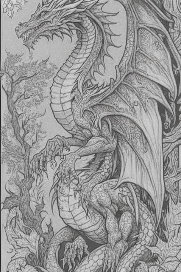 coloring book page of a magical dragon,monochrome, black and white, sharp, sketch drawing