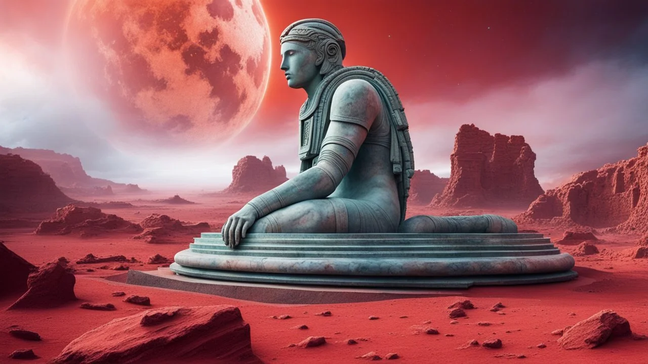 a giant ancient abstract marble statue lies down on the red Mars planet, background ancient ruins, strange psychedelic sky, cold colors, mystic ancient art, very detailed, cinematic, sharp focus, sci-fi style, utopistic ,astral cosmic , masterpiece