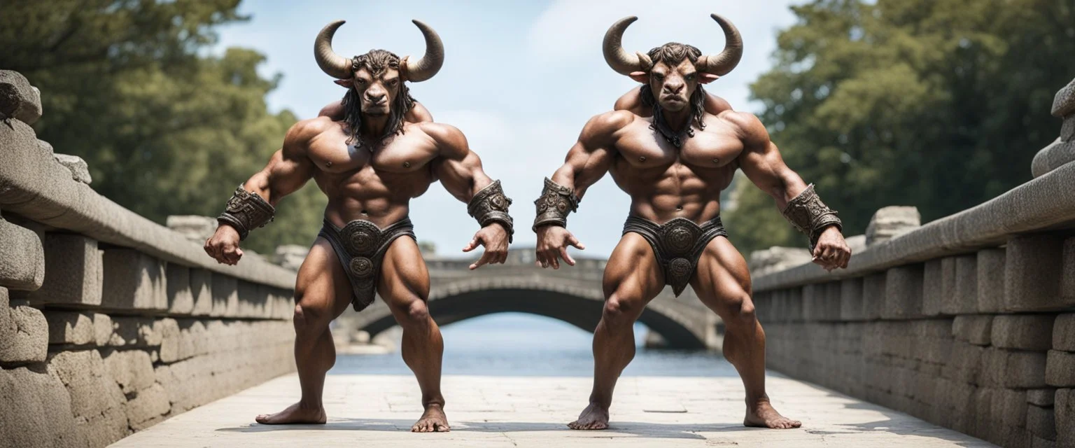 "double trouble", tip toe full body minotaur psionic master in threatening pose in swimsuit on stone bridge, front and back