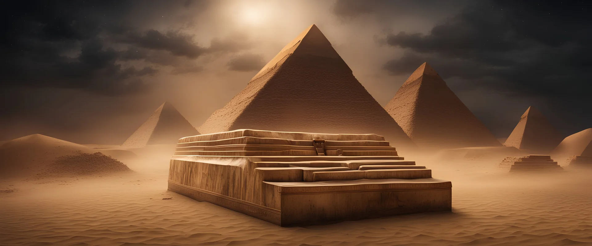 Hyper Realistic haunted view of Egyptian Pharaoh coffins outside Pyramids with sandstorm at dark night with