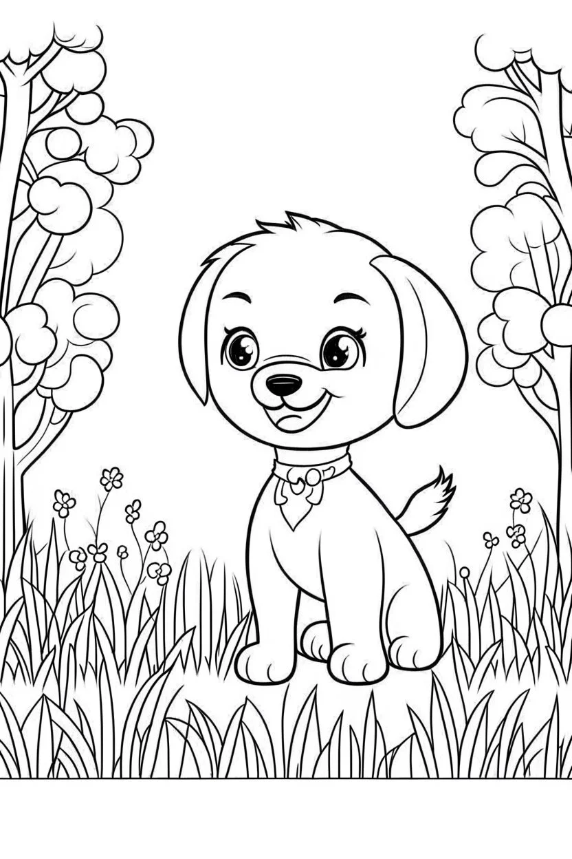 cute coloring page, sketch style, cute baby dog in the park, cartoon, white and black, withe background, no shadows, outline.