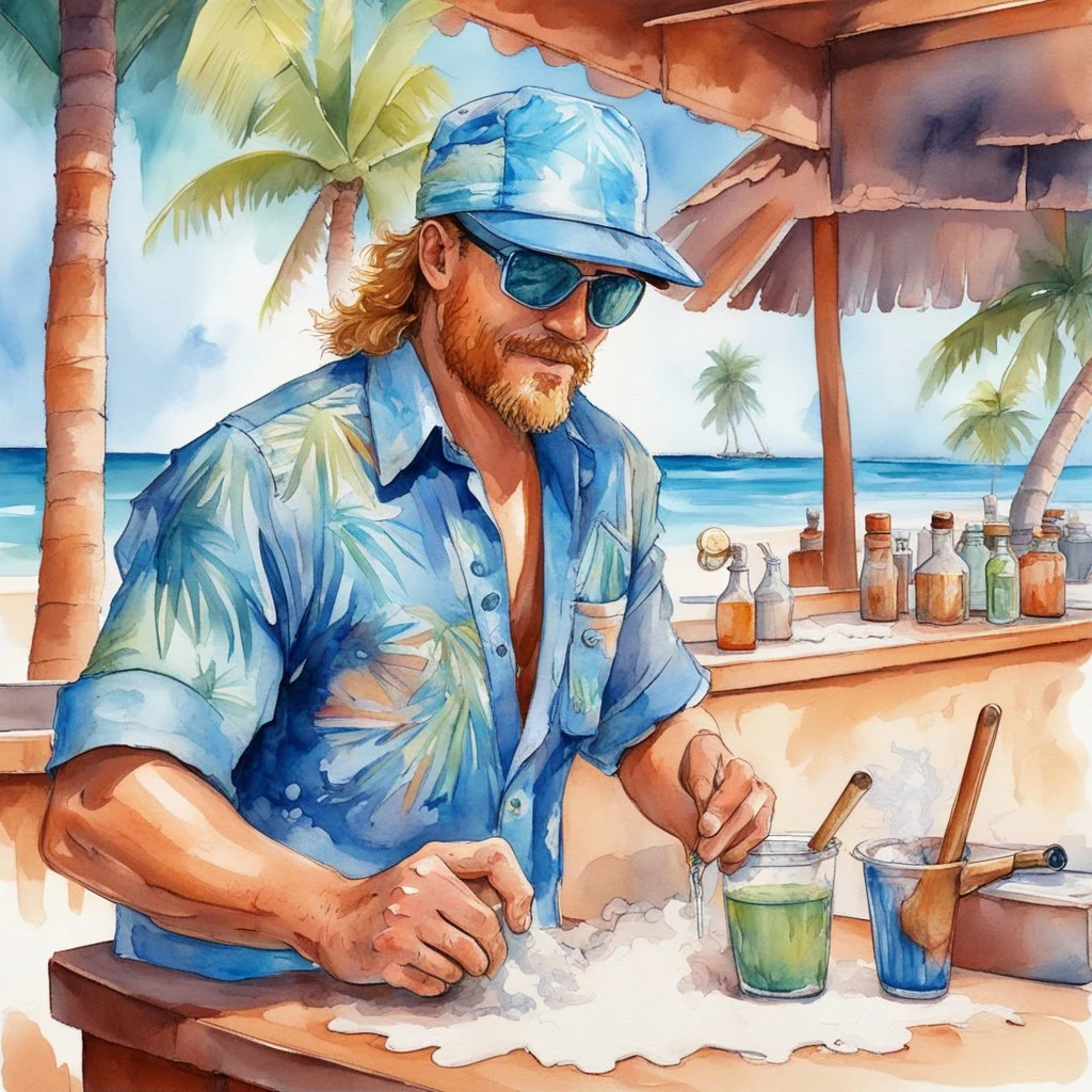 middle aged sandy-haired handsome beach-bum bartender wearing a Hawaiian shirt and visor wiping the mahogany counter of an open-air tropical beach bar with a coconut theme, busy, white sand and coconut trees in background, azure blue water, watercolor and ink painting with loose brush strokes