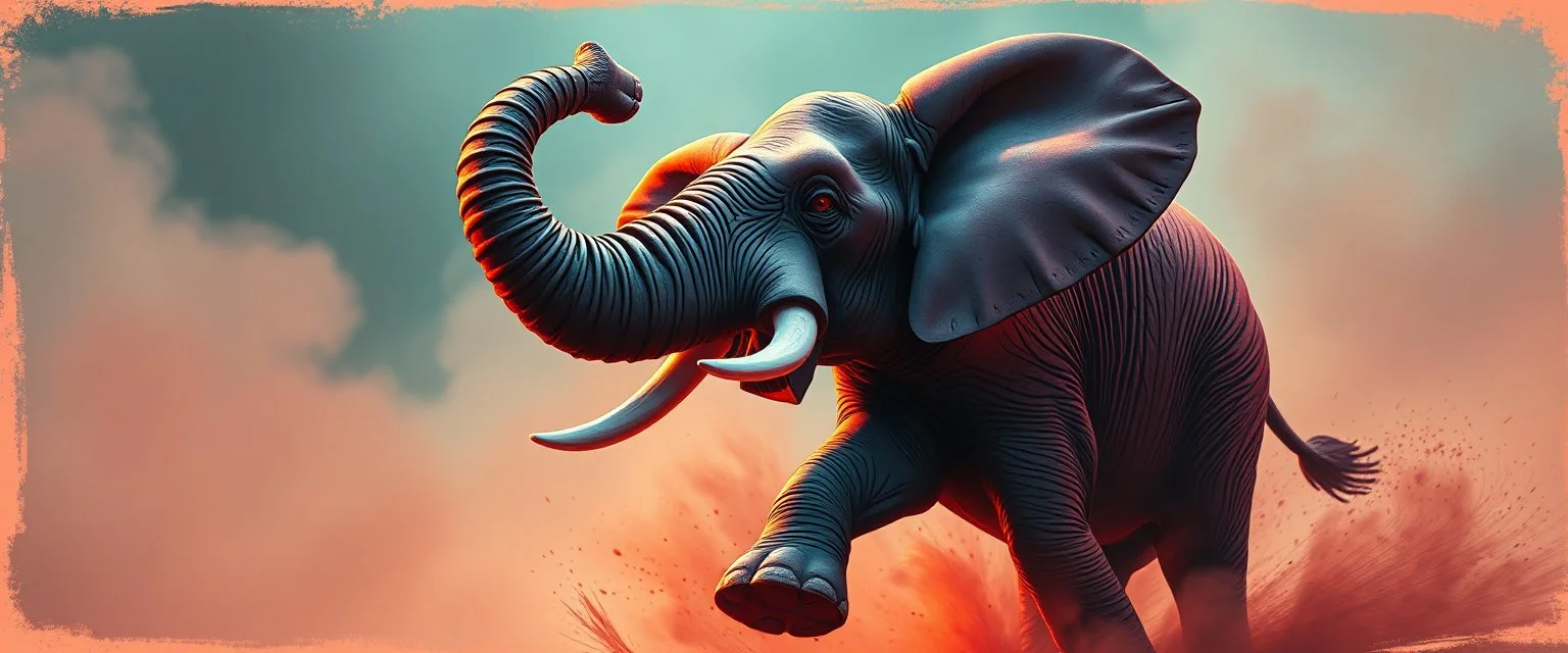cute pen outline with some neon airbrush, let create a crazy wild elephant doing dangerous stuff - dynamic camera push-in revealing intricate details in motion. Epic cinematic wide-angle camera swoops down, hazy neon background with gritty border