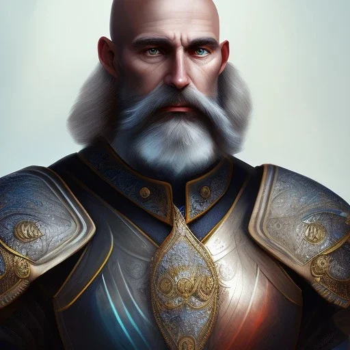 Bald Middle Aged Man , Shaved face , wearing Armor , Sapphire Eyes , Sword in back