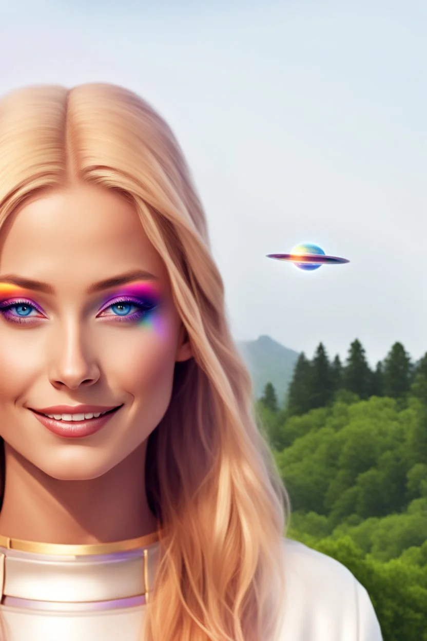 ufos rainbows,beautifuls paysages, fantastic colours,cosmic woman ,beautiful ufos rainbow, admiral from the future, galactic confédération, fine whole face, crystalline skin, expressive purple eyes,rainbow, smiling lips, very nice smile, costume pleiadian, Beautiful tall woman pleiadian Galactic commander, ship, perfect datailed golden galactic suit, high rank, long blond hair, hand whit five perfect detailed finger, amazing big puple eyes, mouth, high définition lips, cosmic happiness, bright c