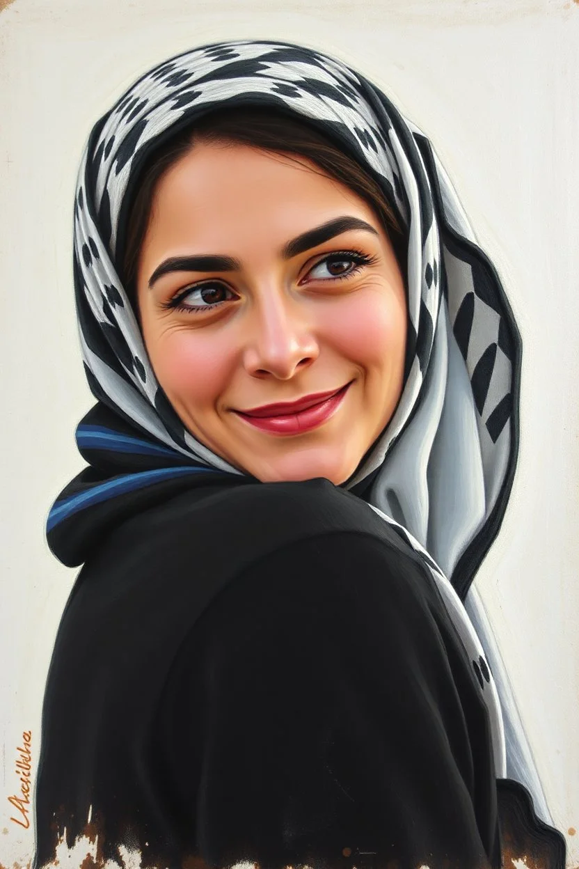 A Palestinian woman, 25 years old, wearing a keffiyeh, has a beautiful face, turns his face to the right, has a slight smile, his mouth is closed and his teeth are not visible, his eyes are looking to the left, he appears to be drawn with oil paints