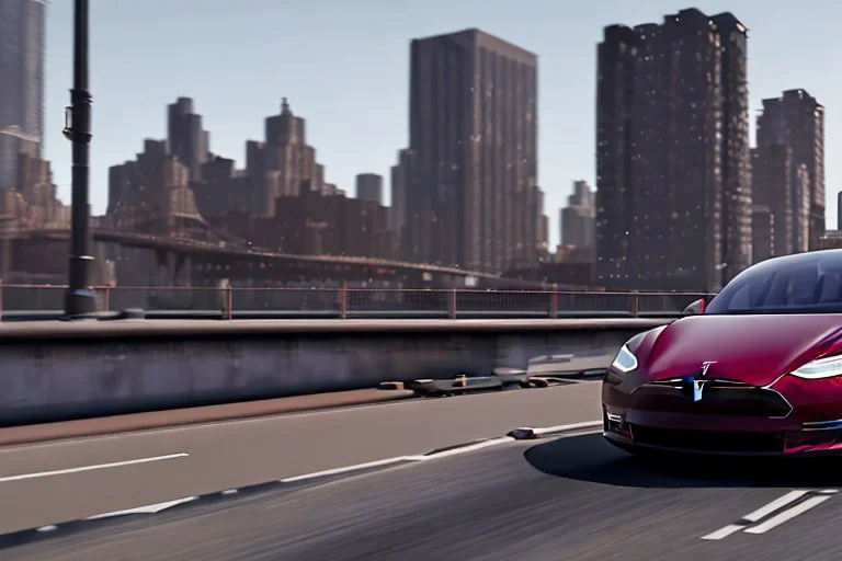 A Tesla 'Model 3' is going at a high speed, on the 'FDR Drive', eastern Manhattan. (CINEMATIC, WIDE ANGLE LENS, PHOTO REAL)